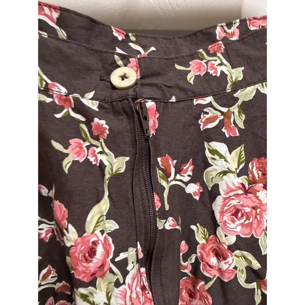 Hell Bunny Vixen Brown Rose Print A Line Swing Midi Rosie Skirt Size Large